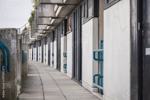 Crescent walkway of Alexandra Road estate, brutalist architecture in London