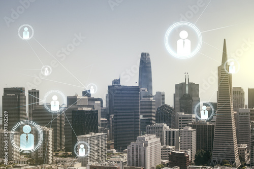 Abstract virtual social network concept on San Francisco skyline background. Multiexposure