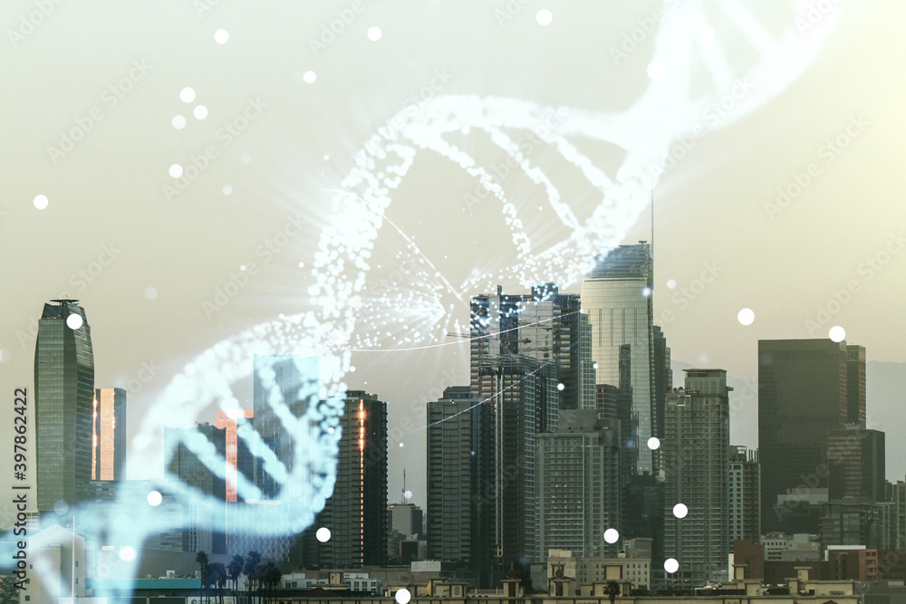 Double exposure of creative DNA hologram on Los Angeles city skyscrapers background. Bio Engineering and DNA Research concept Double exposure of creative DNA hologram on Los Angeles city skyscrapers background. Bio Engineering and DNA Research concept