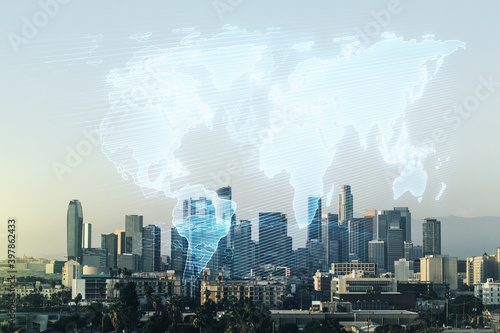 Double exposure of abstract digital world map on Los Angeles city skyscrapers background, research and strategy concept © Pixels Hunter