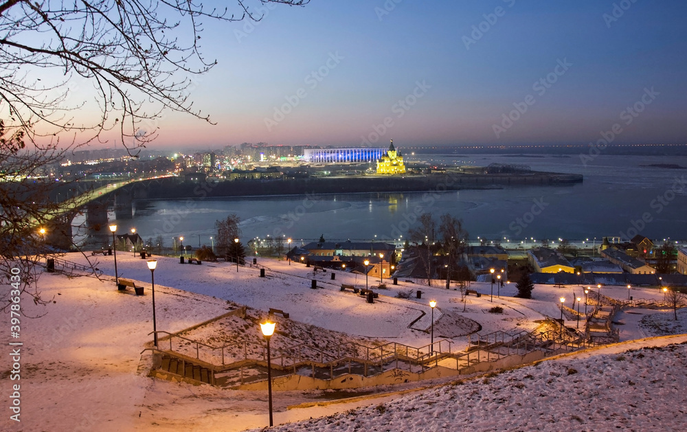 Panoramic view of night Nizhny Novgorod at sunset in winter