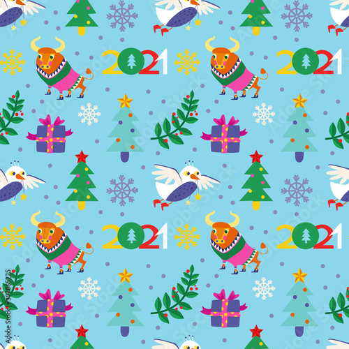 Seamless pattern with Christmas or New Year illustration. Background for gift wrapping or fabric design.