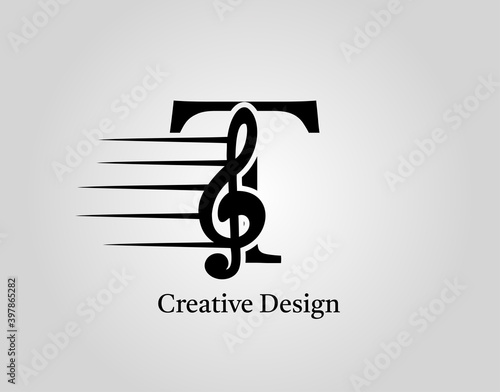 Key Note T Letter Logo Vector. Music Note On Initial T Design.