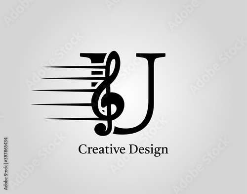 Key Note U Letter Logo Vector. Music Note On Initial U Design.