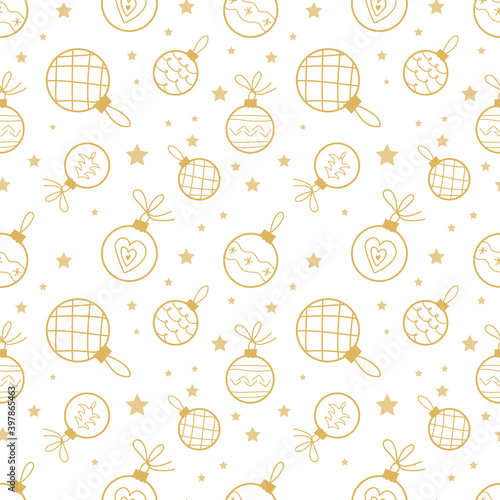 Seamless pattern with Christmas or New Year illustration. Background for gift wrapping or fabric design. White and gold christmas balls.