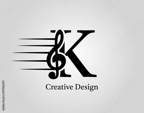 Key Note K Letter Logo Vector. Music Note On Initial K Design.