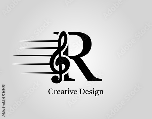 Key Note R Letter Logo Vector. Music Note On Initial R Design.