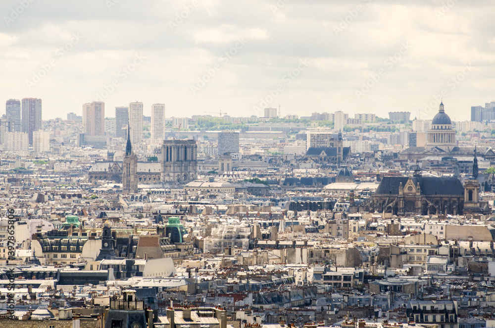 view from eiffel tower, overview of Paris, france, notre dame, 