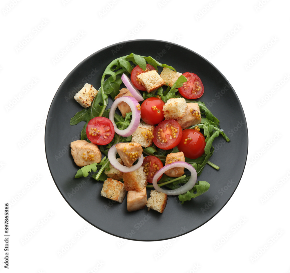 Delicious fresh chicken salad with vegetables and croutons isolated on white, top view