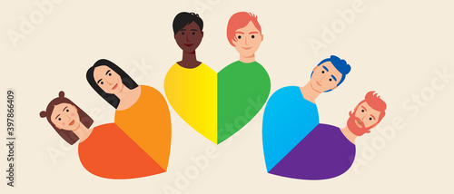 lgbtq couples isolated as concept of romance, falling in love, flat vector stock illustration with hugging people