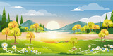 Spring season in village with lake, mountain, green meadow, orange and blue sky in evening,Vector  Countryside landscape, wild flower fields with reflection of sun rays on river in Summer morning