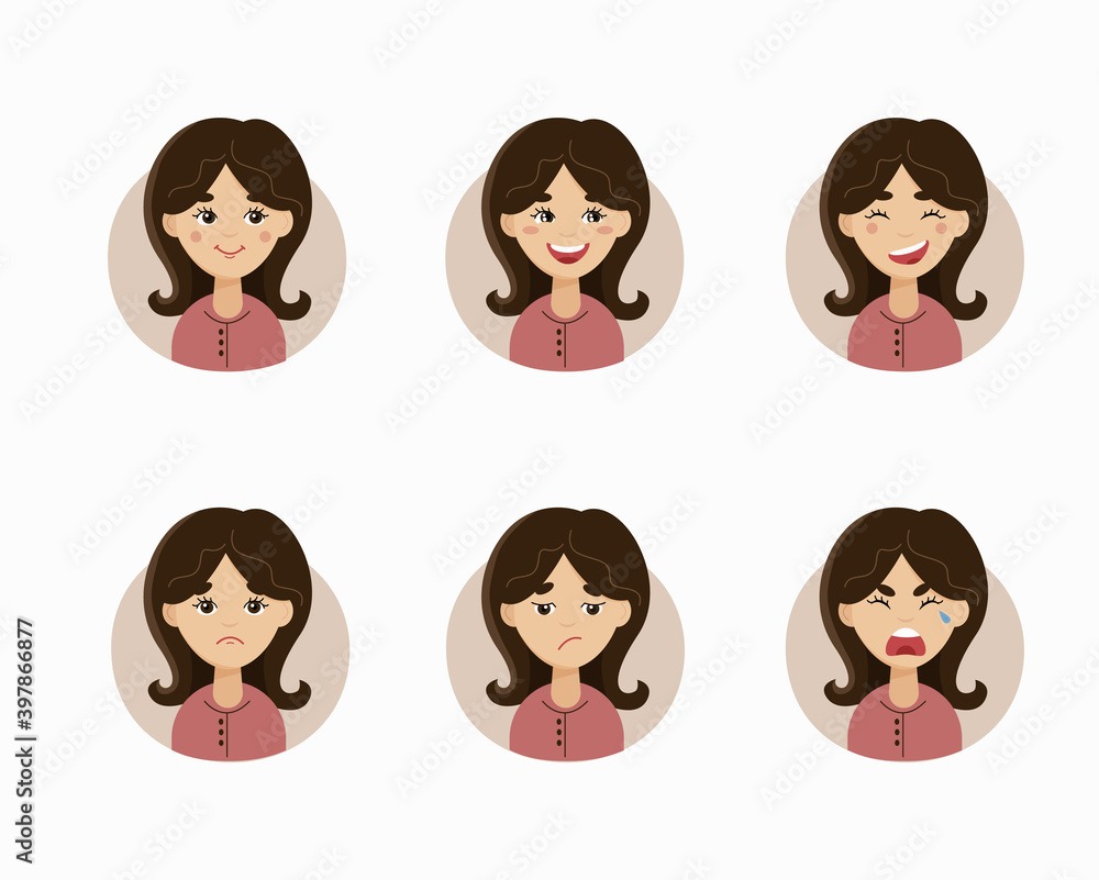 Set of woman's emotions. Young woman emoji character with different expressions. Girl Avatar. Vector illustration of a flat design Set of woman's emotions. Young woman emoji character with different expressions. Girl Avatar. Vector illustration of a flat design