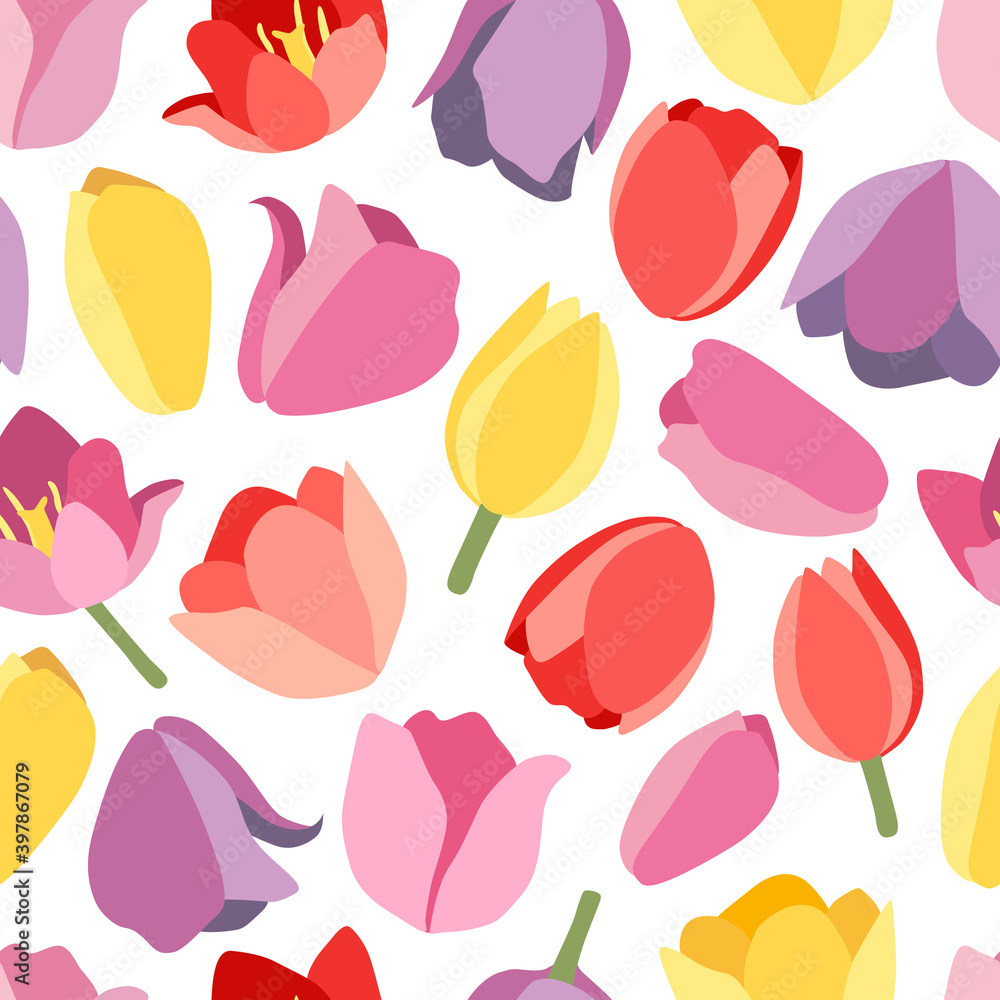 Floral seamless pattern with spring flowers buds. Red, yellow, pink, lilac tulips. Isolated vector illustration. Background for wrapping paper, textile, wallpaper, scrapbooking. Flat cartoon design. Floral seamless pattern with spring flowers buds. Red, yellow, pink, lilac tulips. Isolated vector illustration. Background for wrapping paper, textile, wallpaper, scrapbooking. Flat cartoon design.