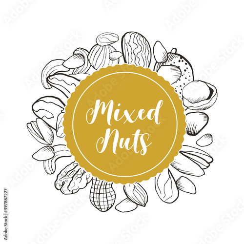 Nuts collection with raw food mix and paper label vector illustration sketch illustration of mixed nuts and beautiful golden round label