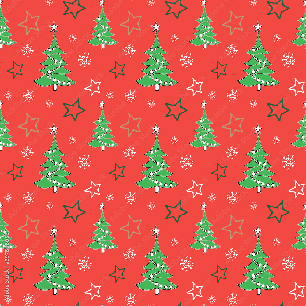 Cute hand drawn seamles pattern with christmas tree, stars and snowflakes on red background. vector illustration