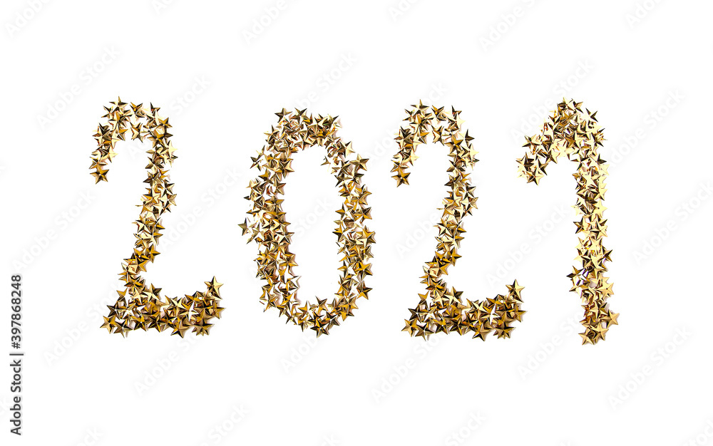 Numbers 2021 made of golden confetti stars Numbers 2021 made of golden confetti stars