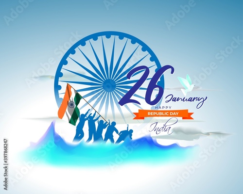 Vector Happy Republic day banner, 26 january, national holiday of India, soldiers with flag, template for website and social media.