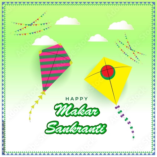 Vector illustration of Happy Makar Sankranti Festival banner with colorful kites and patterns in background, Indian festival. photo