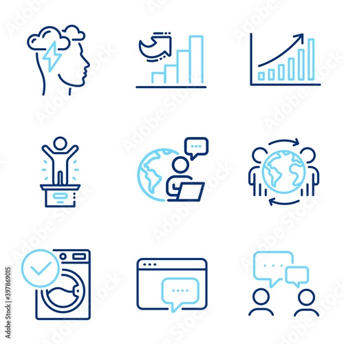 Technology icons set. Included icon as Seo message, People chatting, Global business signs. Washing machine, Mindfulness stress, Winner podium symbols. Graph chart, Growth chart. Vector