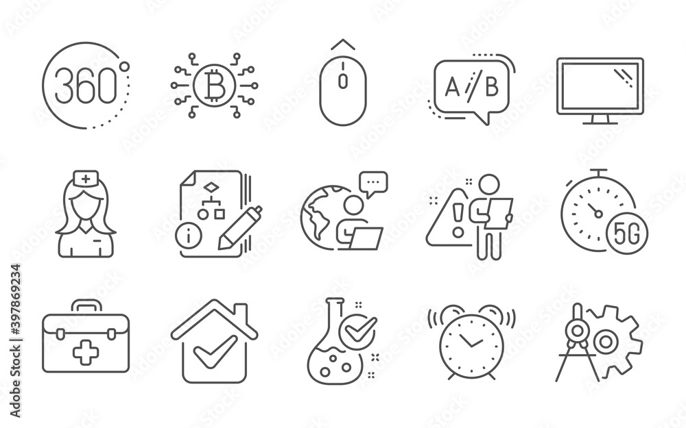 Bitcoin system, Monitor and Algorithm line icons set. Chemistry lab, Hospital nurse and 5g internet signs. Swipe up, First aid and Alarm clock symbols. Line icons set. Vector