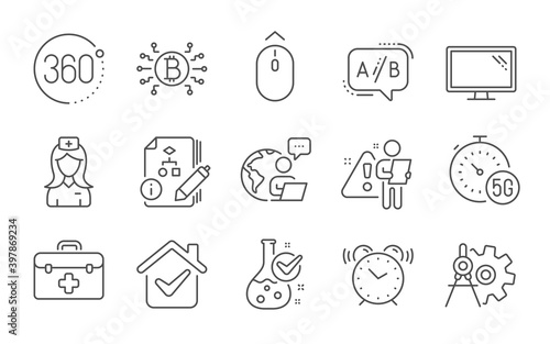 Bitcoin system, Monitor and Algorithm line icons set. Chemistry lab, Hospital nurse and 5g internet signs. Swipe up, First aid and Alarm clock symbols. Line icons set. Vector