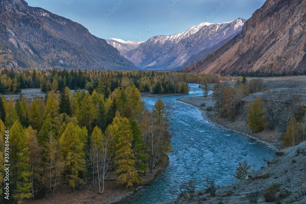 The landscape with big siberian river Katun, in Altai mountains, in autumn, Siberia, Altai mountain Republic, Russia.