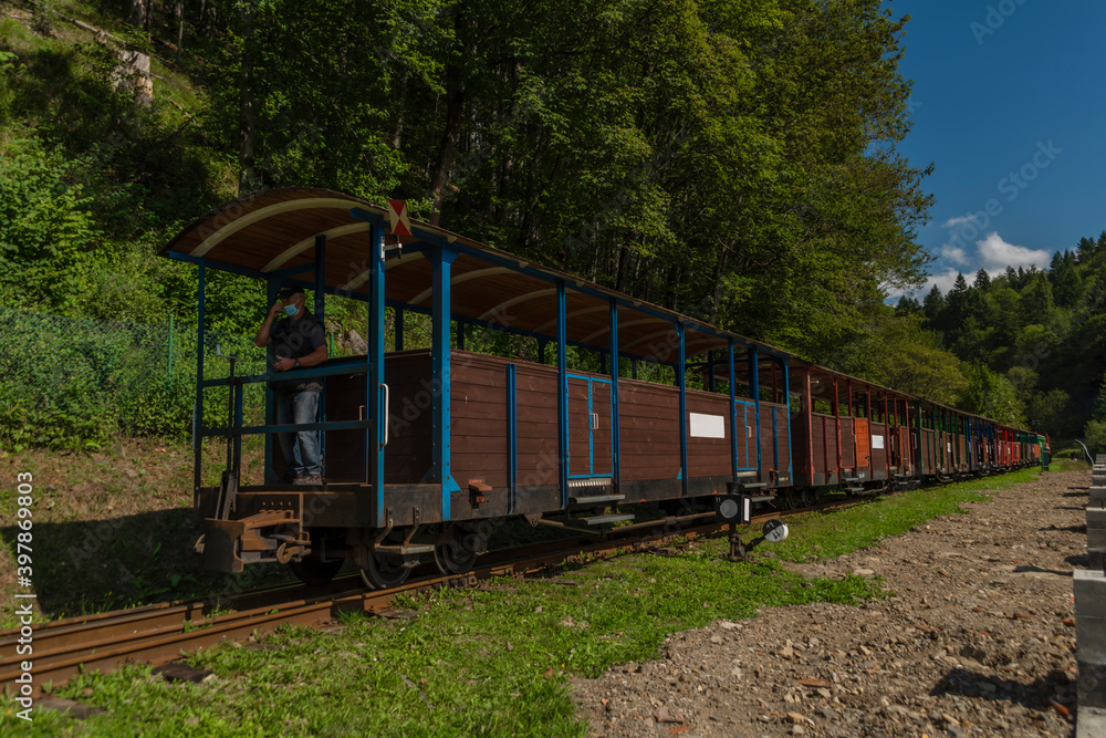 Narrow gauge railway in Majdan station with summer passengers in Poland Narrow gauge railway in Majdan station with summer passengers in Poland