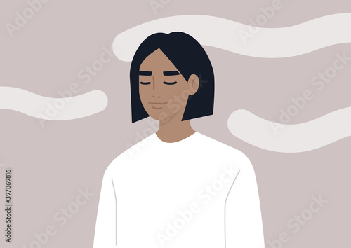 Head in the clouds, a portrait of a young female character daydreaming, mindfulness, meditation, and mental health balance