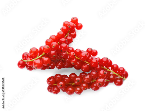 Delicious ripe red currants isolated on white, top view