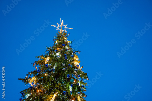 Big glowing decorated christmas tree standing in main market square, winter holidays, peoples enjoy.