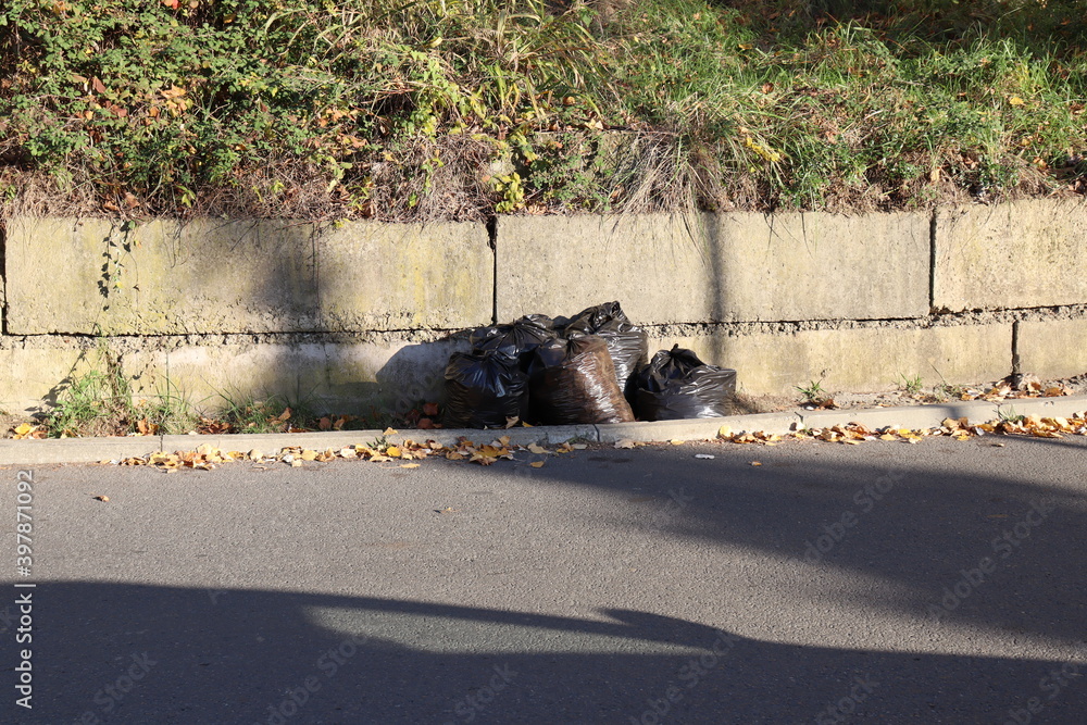 Fototapeta premium black bags with garbage on the street