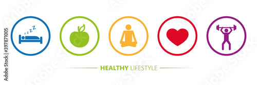 healthy lifestyle icons sleep apple yoga heart sport vector illustration EPS10
