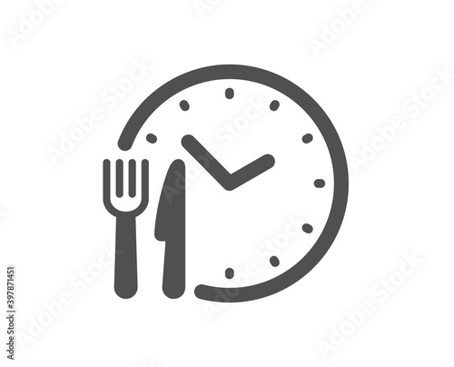 Food time icon. Meal order clock sign. Restaurant opening hours symbol. Quality design element. Flat style food time icon. Editable stroke. Vector