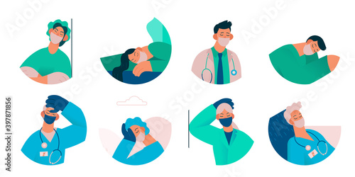 Set of tired doctors and nurses avatars an portraits. Exhausted Healthcare worker. Coronavirus pandemic, Covid-19 quarantine. Flat cartoon vector illustration.