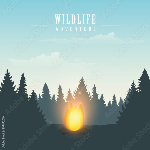 campfire in forest wildlife adventure vector illustration EPS10