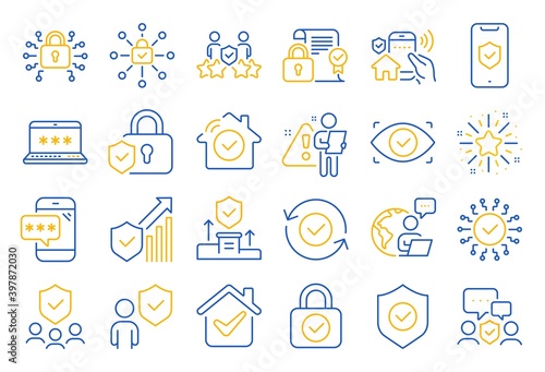 Security line icons. Cyber lock, password, unlock. Guard, shield, home security system icons. Eye access, electronic check, firewall. Internet protection, laptop password. Line icon set. Vector