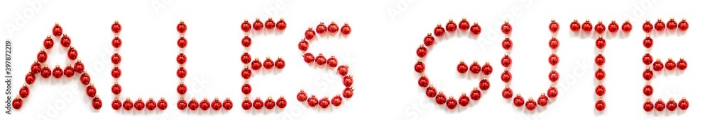 Red Christmas Ball Ornament Building German Word Alles Gute Means Best Wishes. Festive Christmas Decoration. White Isolated Background Red Christmas Ball Ornament Building German Word Alles Gute Means Best Wishes. Festive Christmas Decoration. White Isolated Background