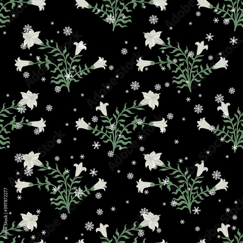 Seamless floral pattern with blooming branches of sacred datura or white lily plant and snowflakes.