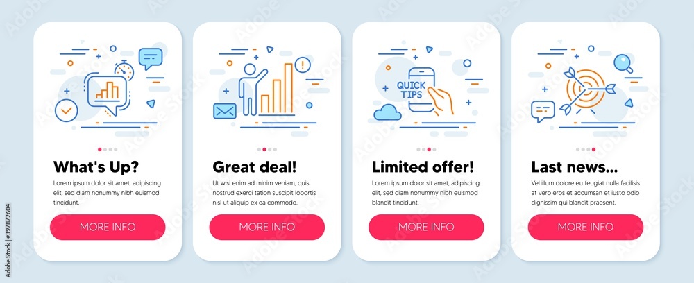 Set of Education icons, such as Graph chart, Education, Statistics timer symbols. Mobile screen mockup banners. Target line icons. Growth report, Quick tips, Growth chart. Targeting. Vector