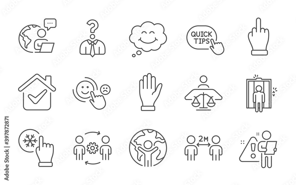 Global business, Elevator and Engineering team line icons set. Quick tips, Court judge and Hand signs. Smile, Freezing click and Hiring employees symbols. Line icons set. Vector
