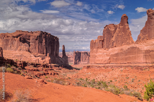 A scenic view on the Park Avenue trail in Arches National park against blue sky  USA