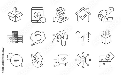 Text message, Company and Organic product line icons set. Recovery data, Puzzle and Augmented reality signs. Scroll down, Swipe up and Safe planet symbols. Line icons set. Vector