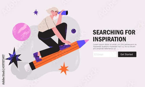Woman designer flying on pencil . Creative or educational process banner, ad, landing page or poster for web design studio, startup or courses. Generating ideas, imagination, inspiration concept.