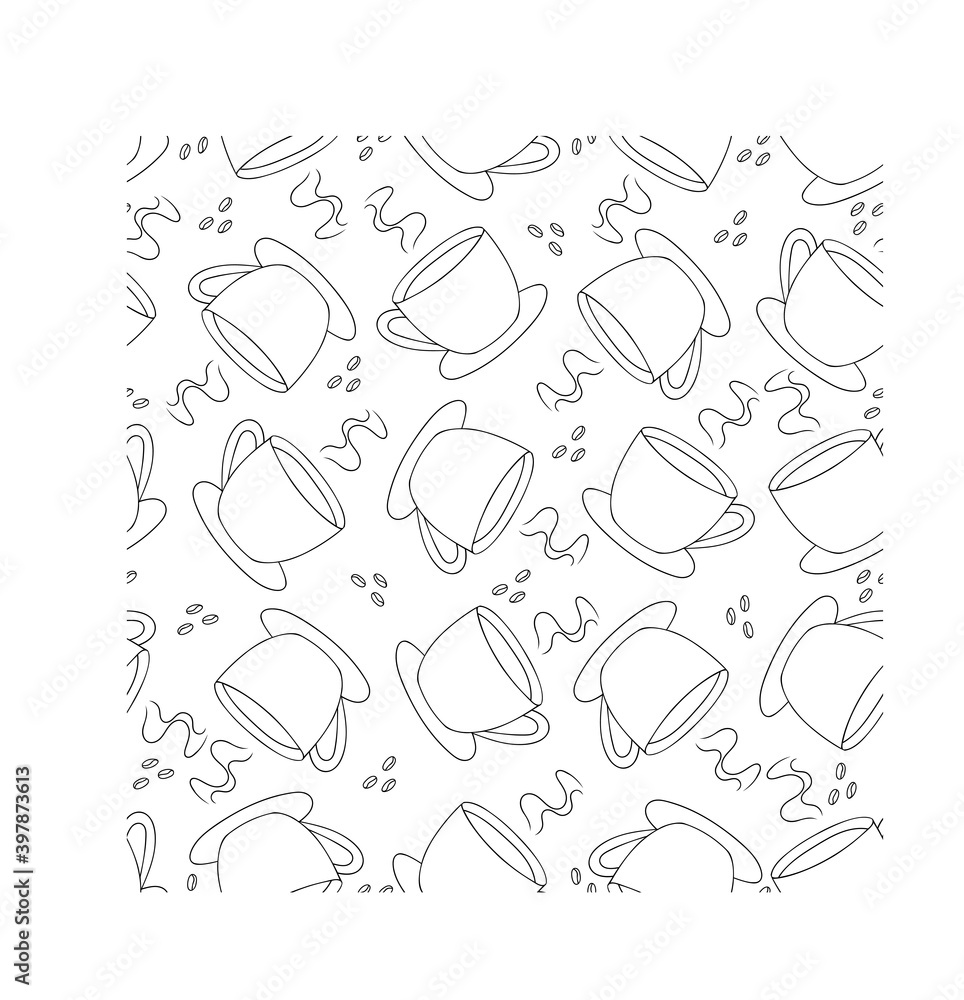Coffee seamless pattern. Vector cups of coffee and coffee beens background.