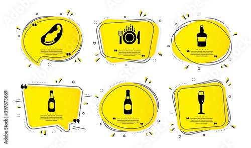 Scotch bottle, Beer bottle and Beer icons simple set. Yellow speech bubbles with dotwork effect. Brazil nut, Food and Champagne glass signs. Brandy alcohol, Brewery, Pub alcohol. Vector