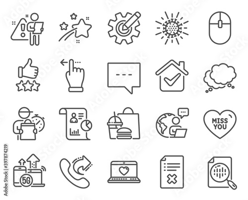Line icons set. Included icon as Miss you, Rating stars, Reject file signs. Share call, Blog, 5g internet symbols. Analytics chart, Report, Touchscreen gesture. Cogwheel, Coronavirus. Vector