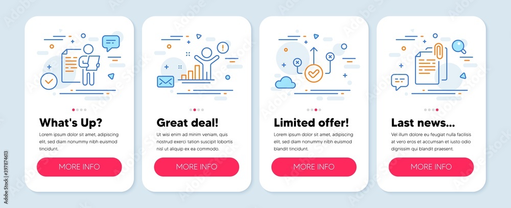 Set of Education icons, such as Winner, Job interview, Correct way symbols. Mobile screen app banners. Document attachment line icons. Best result, Cv file, Good choice. Paper clip. Vector