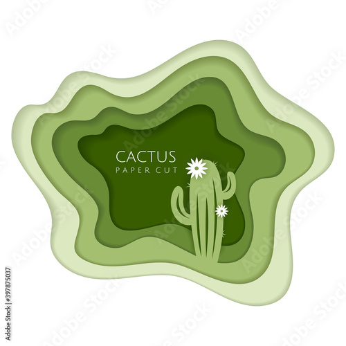 Green paper cut background with cactus