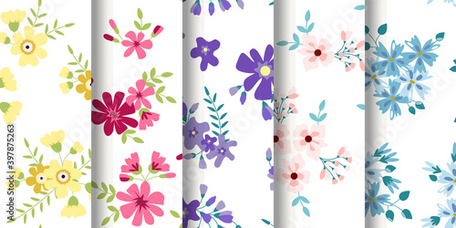 Pattern set with colorful flowers, Light background pattern set, Pattern set, Spring flower pattern, White background with flowers