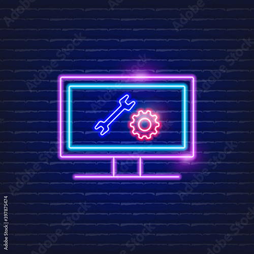 Technical support Neon icon. Computer repair vector illustration. Seo service sign. Web concept.